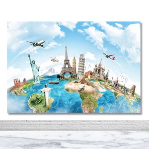 Sfondo fotografico panoramico per il mondo della Torre Eiffel, Statua della Libertà, Mappa, Sfondo per compleanno, vinile, poliestere, decorazione, banner