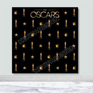 May include: Black backdrop featuring gold Oscar statuettes, stars, and film clapperboards. The words "THE OSCARS" are in gold at the top. The backdrop has a repeating pattern of the Oscar statuette, stars, and film clapperboards.