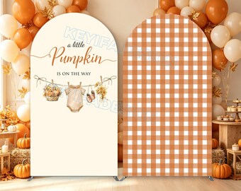 Una piccola zucca sta arrivando - Copertura per arco - Sfondo autunnale a tema zucca per baby shower