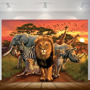 May include: A colorful backdrop featuring a lion, zebra, elephant, cheetah, rhino, and giraffe in a savanna setting with a sunset sky.