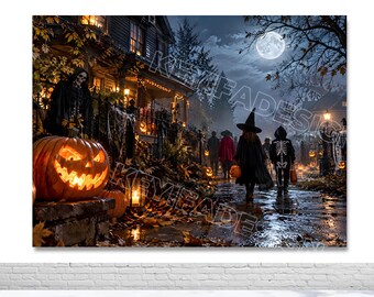 Halloween Trick or Treat Photo Backdrop Spooky Haunted House Full Moon Pumpkin Background