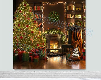 Fondo fotográfico navideño: árbol de Navidad, regalos, decoración navideña