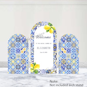 Lemon Blue Tiles Arch Backdrop Welcome Bridal Shower Backdrop Polyester Blue And White Porcelain Custom Double-Sided Arch Cover Photo Prop