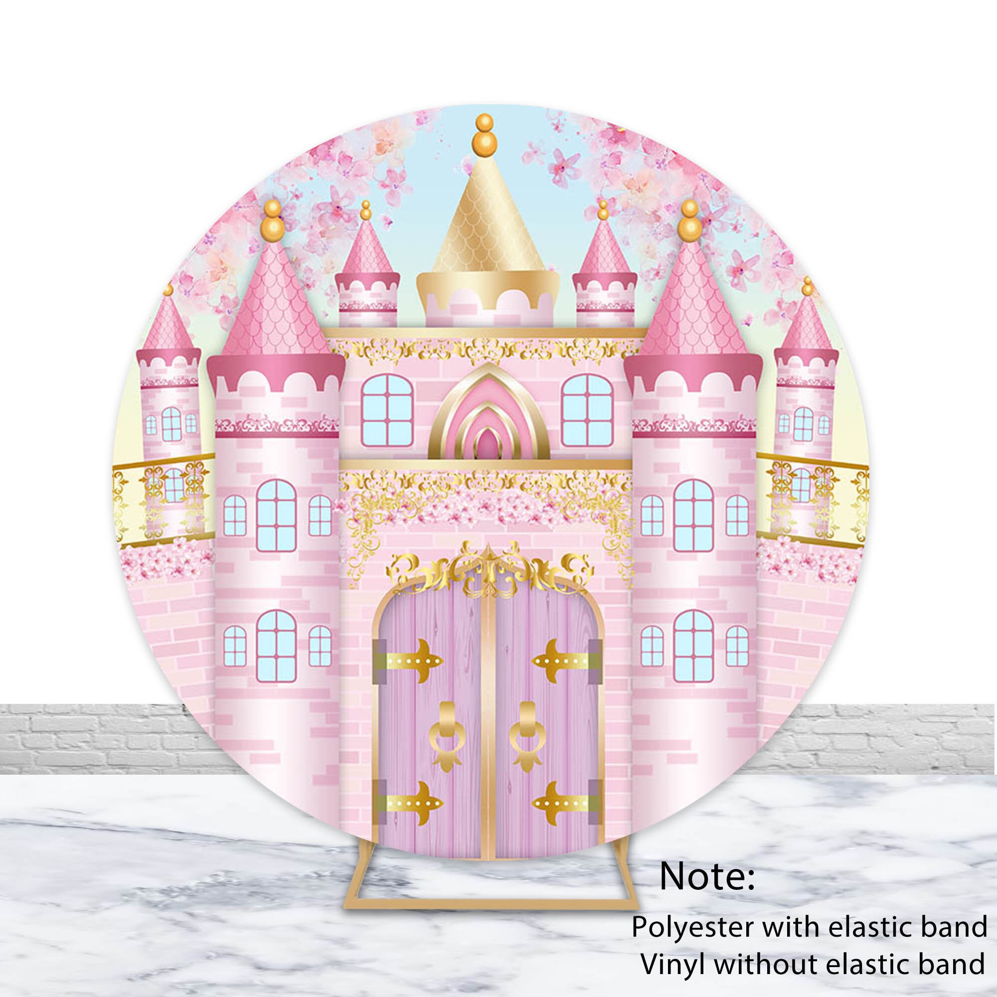 Pink Princess Castle Round Photo Backdrop Girls 1st Birthday Party Photography Background Flowers Golden Circle Cover Decor Photo Booth Prop