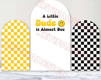 A Little Dude Is Almost Due Arch Backdrop Custom Polyester Little Dude Baby Shower Arch Cover Checkered Photo Background