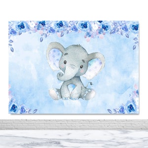 Boys Baby Shower Birthday Backdrop for Photography Cute Elephant Blue and Purple Flowers Vinyl Photo Background