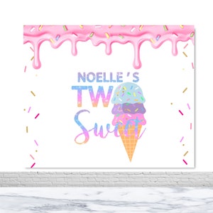 Two Sweet Ice Cream Photography Backdrop Kids 2nd Birthday Photo Background Custom Pink White Vinyl Picture Banner