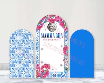 Arco de despedida de soltera "Mamma Mia She's Getting Married" con fondo mediterráneo de porcelana azul, personalizado en poliéster.
