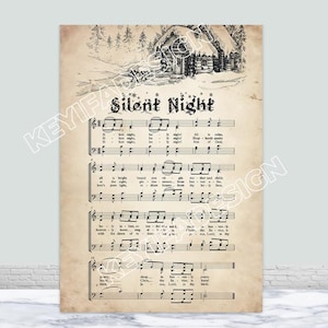 May include: Vintage sheet music with a rustic cabin illustration and the lyrics to the Christmas carol "Silent Night". The music is printed on aged paper with a brown background.
