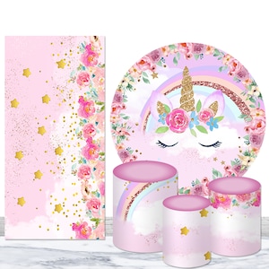 Unicorn Round Cylinder Cover Backdrop Kid Birthday Baby Shower Decorations Photography Background Polyester Circle Plinth Cover Banner Prop