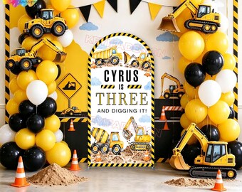 Three And Digging It Arch Cover Custom Dump Truck Excavator Construction 3rd Birthday Backdrop