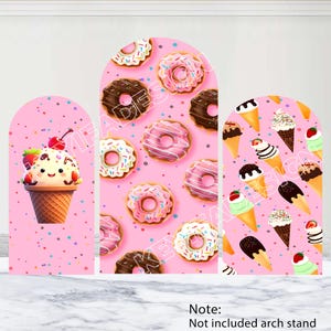 Toile de fond en forme de beignet avec crème glacée, anniversaire, toile de fond personnalisée en polyester recto-verso, paillettes de gâteau, couverture en arc de cercle, décoration de baby shower, accessoire photo