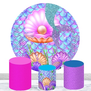 Mermaid Round Cylinder Cover Backdrop Girl Birthday Photo Backdrop Colored Scales Polyester Elastic Circle Plinth Cover Decorations Props
