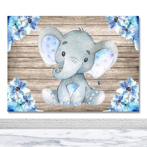 Cute Elephant Photography Backdrop Kids Birthday Baby Shower Photo Background Blue Flowers Wood Wall Photo Booth Backdrop Props