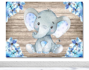 Arrière-plan de photographie d'éléphant mignon, arrière-plan de Photo d'anniversaire pour enfants, fête prénatale, fleurs bleues, mur en bois, accessoires de cabine Photo
