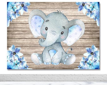 Cute Elephant Photography Backdrop Kids Birthday Baby Shower Photo Background Blue Flowers Wood Wall Photo Booth Backdrop Props
