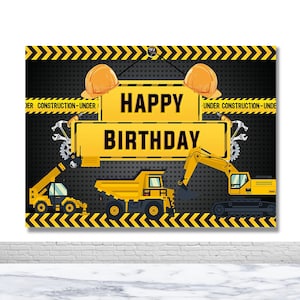 Sfondo fotografico personalizzato per la costruzione, compleanno di un ragazzo, sfondo fotografico per due dolci, autocarro con cassone ribaltabile, escavatore, banner decorativo giallo e nero, accessori per foto