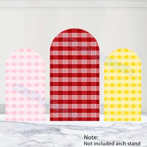 May include: Three arched backdrop covers featuring a plaid pattern. The left cover is light pink and white, the centre cover is red and white, and the right cover is yellow and white. The text KEYIFADESIGN is overlaid across the three panels.