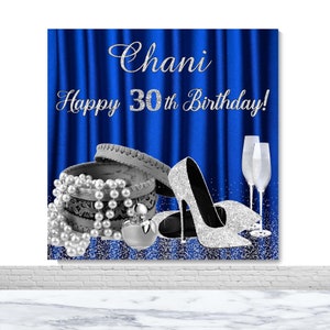 Happy 30th 40th Birthday Photography Backdrop Metallic Blue Silver Photo Backdrop High Heels Pearl Champagne Vinyl Photo Booth Background