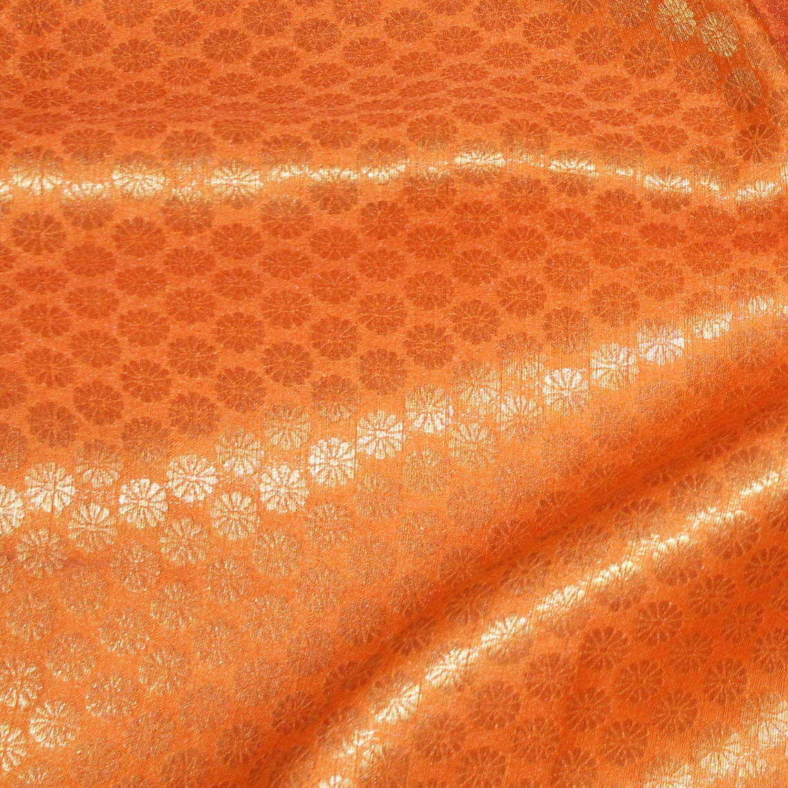 Brocade Fabric Orange Art Silk Fabric by the Yard Solid Pattern Indian