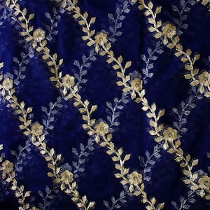 Net Embroidered Fabric Navy Blue By The Yard For Gown Dress Lehenga Dupatta Skirt Top Apparel Fabrics