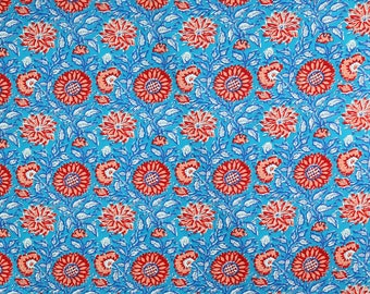 Indian Hand Block Print Fabric by the yard Blue Soft Cotton Fabrics Sewing Quilting Dress making Crafting Curtains Summer Women Kids Costume