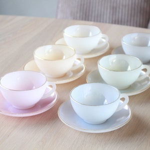 Vintage Arcopal France Harlequin cups & saucers in Pastel Opalescent Color | Set of 6 | 1960&#39;s