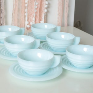 Vintage French Art Deco Opaline 6 Cups & Saucers in Light Bue | RARE | 60&#39;s
