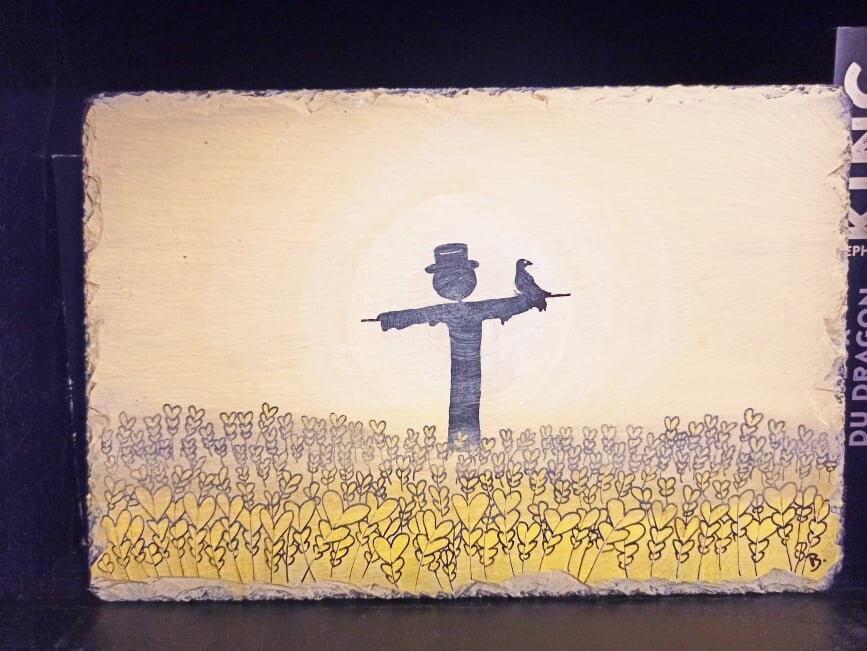 Peinture sur Ardoise, Le Corbeau et L'épouvantail, Acrylique