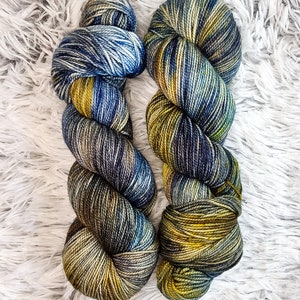 Hand Dyed Variegated Yarn: Superwash Merino Wool Blend, Blues, Grays (Fingering/Sock Weight)