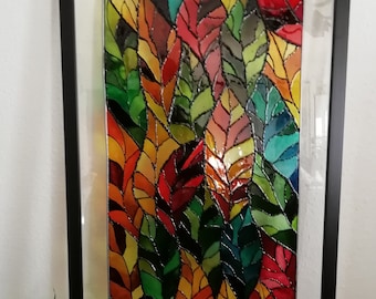 Tableau sur verre unique/Feuilles d'automne sous cadre en bois