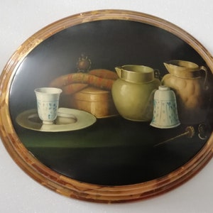 Still life, Vintage Oval Wood Painting Convex