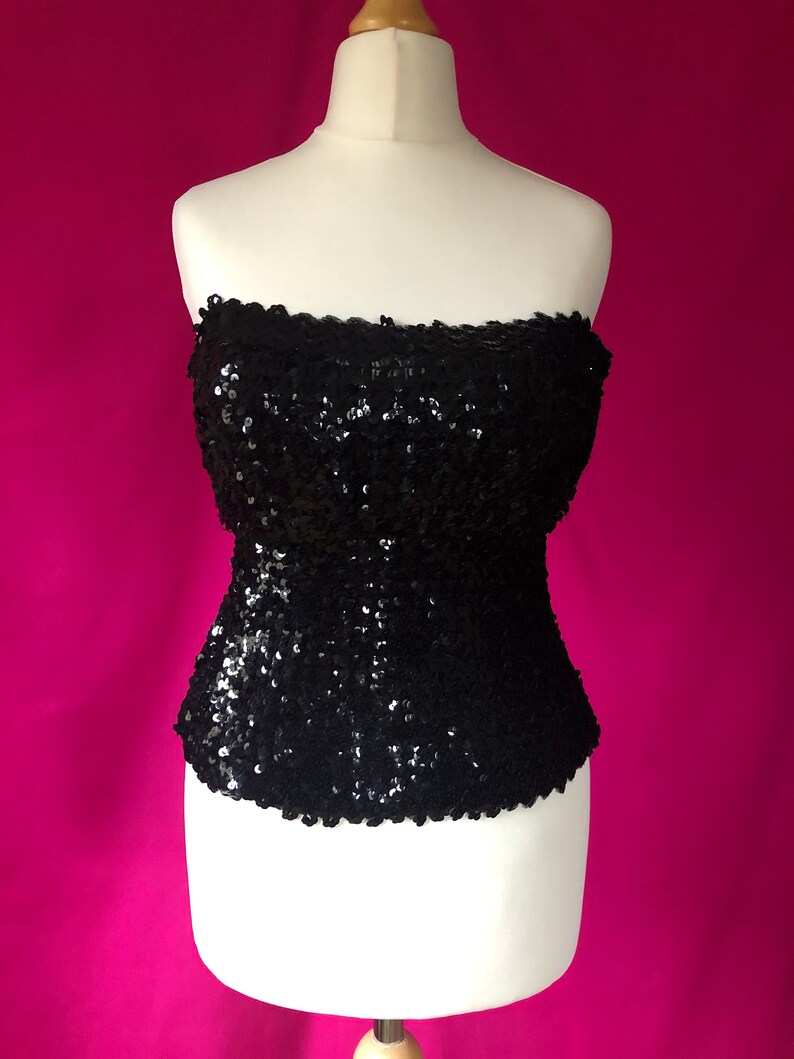90s00s VintageRetro Black Corseted Sequin Boob TubeTube Top