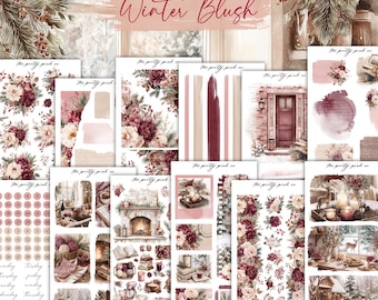 Pode incluir: Uma coleção de folhas de papel decorativas com tema de inverno. As folhas apresentam padrões florais, designs em aquarela e ilustrações de cenas de inverno aconchegantes. A paleta de cores inclui tons de bordô, creme e blush. O texto "Winter Blush" é exibido no topo.