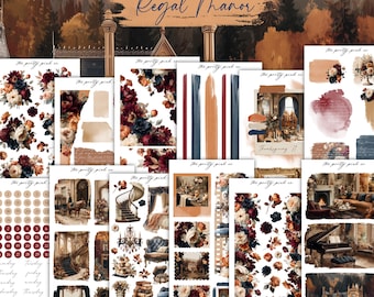 Pode incluir: Uma coleção de folhas de papel decorativas com desenhos florais e arquitetónicos. A paleta de cores inclui bordô, azul marinho e bege. O texto "Regal Manor" é exibido no topo. A frase "Thanksgiving '71" também é visível.