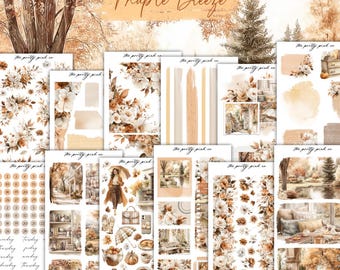 Pode incluir: Uma coleção de autocolantes de papel decorativos e artigos de papelaria com tema de outono. Os desenhos apresentam padrões florais, aguadas de aquarela e ilustrações de cenas de outono. O texto "Maple Breeze" é exibido no topo. A paleta de cores inclui tons de castanho, bege e creme.