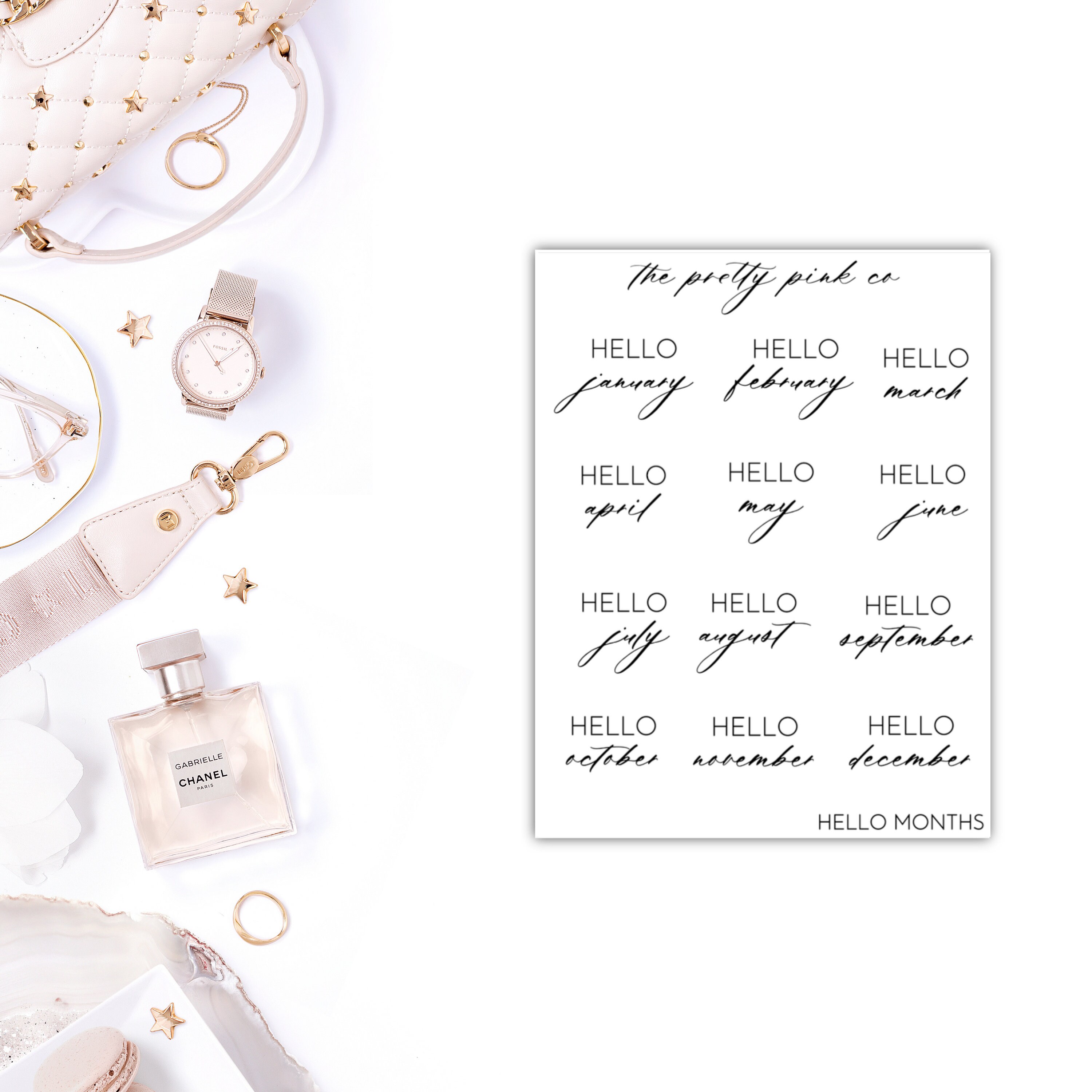 Foiled Hello Months Planner Stickers, Foiled Icon Stickers, Foiled Pl…