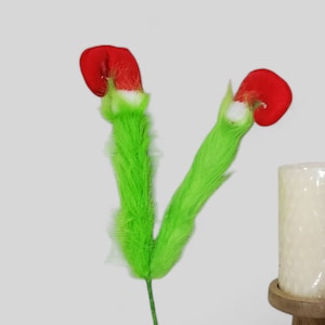 May include: A pair of red boxing gloves with green fur attached to a long green stem. The gloves are positioned in a V-shape.