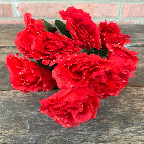 19" Red Open Rose Bush x14 with Water Droplets - Artificial Fake Silk Faux Flowers Floral Arrangement Bouquet Supplies Craft Valentine's Day