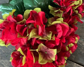 23" Hydrangea Bush x7 - Red Green - Winter Wedding Floral Arrangement Artificial Fake Silk Stem Spray Christmas Flowers Bouquet Supplies