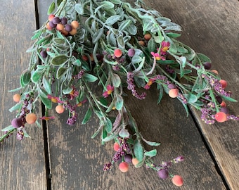 22&quot; Flocked Plum Peach Berry Bush x5 - Artificial Fake Purple Orange Greenery Filler Stem Floral Arrangement Bouquet Supplies