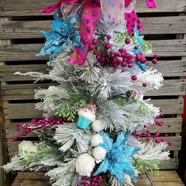 3' Flocked Decorated with Fake Bakes Christmas Tree with Burlap Base~ Cupcake Decorated Flocked Tree