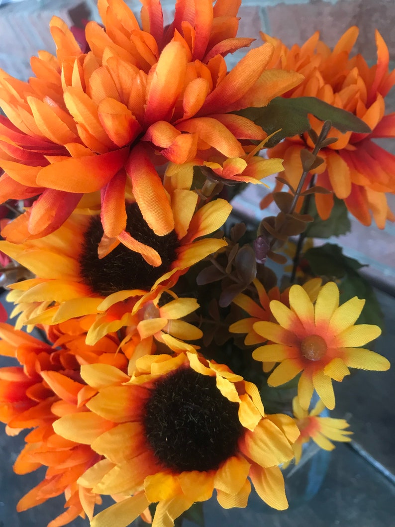 18 Mum Sunflower Bush x9 Orange Burgundy Red Artificial Fake Silk Fall Arrangement Floral Flowers Wreath Florist Supplies Autumn Stem