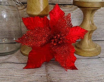 Large Red Glitter Poinsettia Stems- Red Holiday Floral Decor