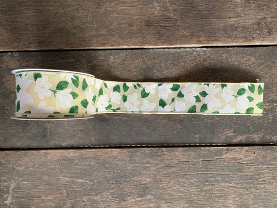 2 COLORS - Magnolia Print on Canvas Material Wired Ribbon - White/Cream White/Brown