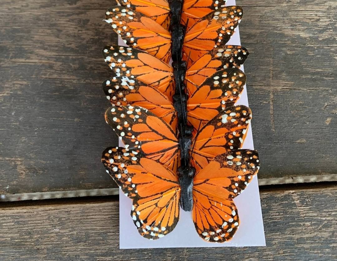 12 Large Feather Orange Monarch Butterflies 5 Vibrant Monarch Butterfly  Artificial Feather Butterflies 