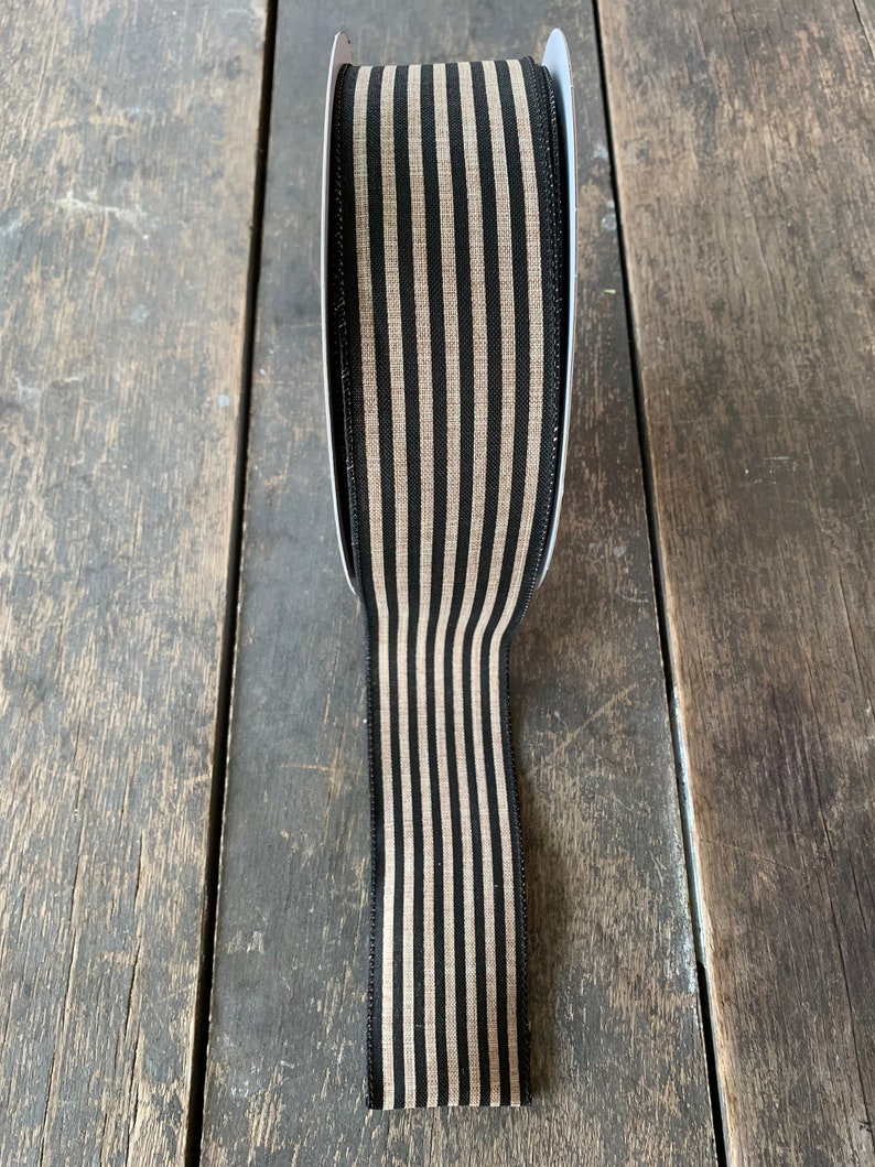 2.5 50 yards Black Stripe on Tan Canvas Wired Ribbon Linen Natural Fifty Yards on the Roll