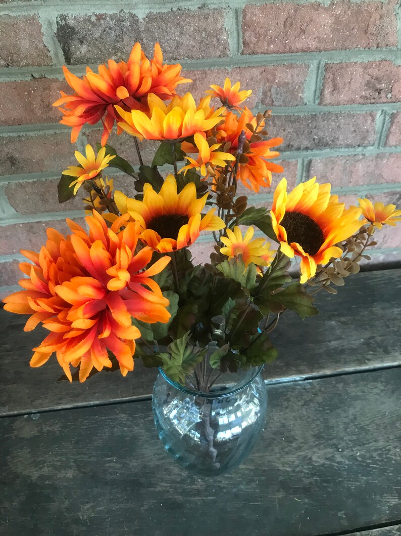 18 Mum Sunflower Bush x9 Orange Burgundy Red Artificial Fake Silk Fall Arrangement Floral Flowers Wreath Florist Supplies Autumn Stem