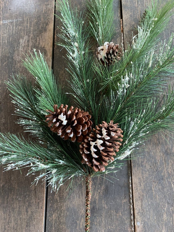 Artificial Frosted Pine & Pinecone Stem Green 30H