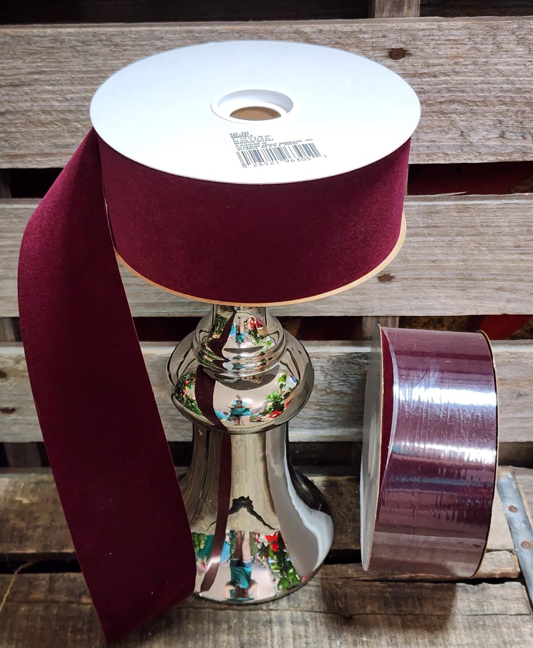 Vintage Flocked Velvet Wired Ribbon, Marsala 2.5